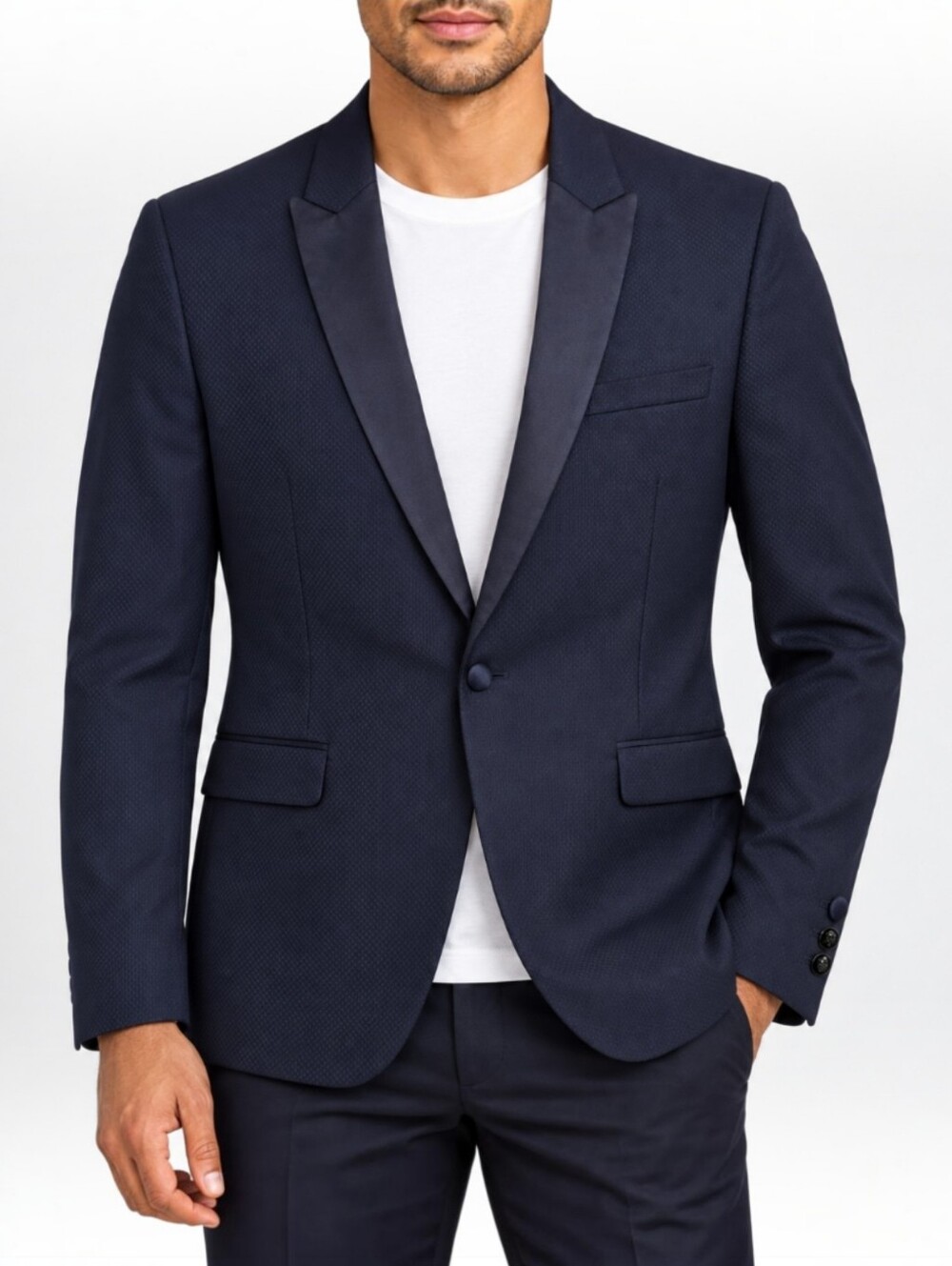The Kooples Navy Cotton Silk Fitted Tuxedo Blazer Satin Peak Lapel Savile Row 48